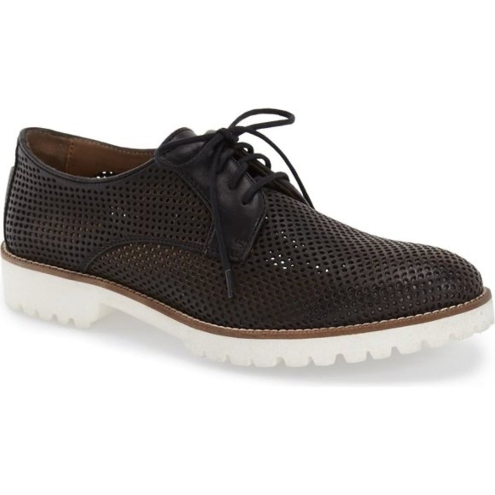 Bernardo Black Leather Perforated Laser Cut Lace Loafer Shoes